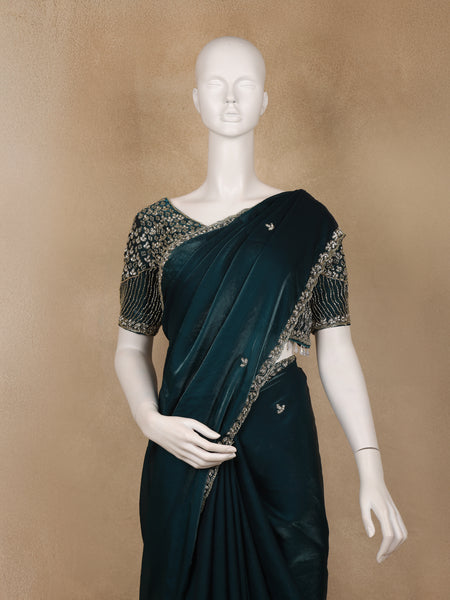 Peacock Blue Sequins Design Satin Saree - Diadem