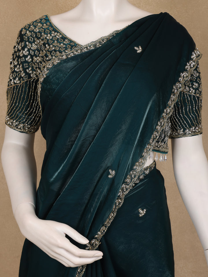Peacock Blue Sequins Design Satin Saree - Diadem