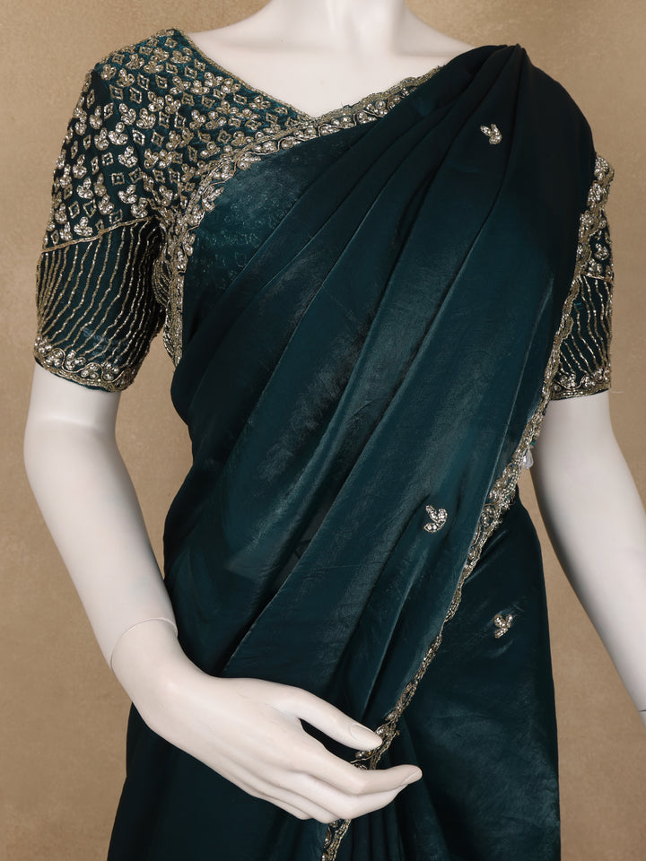 Peacock Blue Sequins Design Satin Saree - Diadem