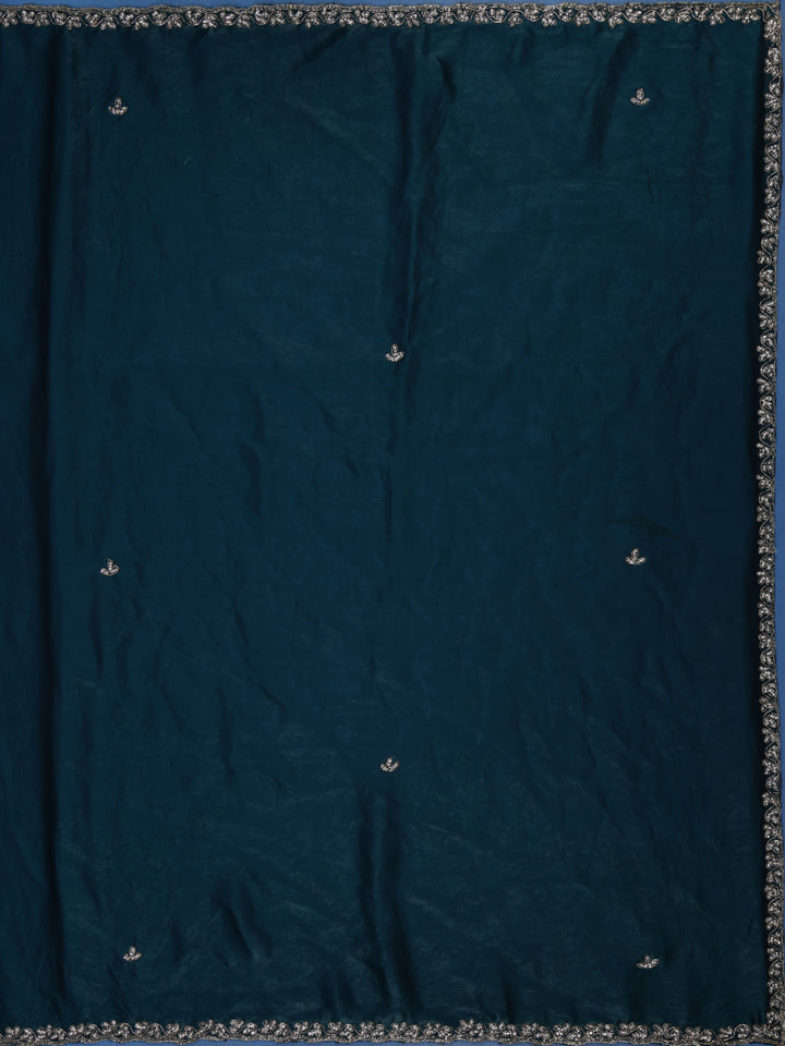 Peacock Blue Sequins Design Satin Saree - Diadem