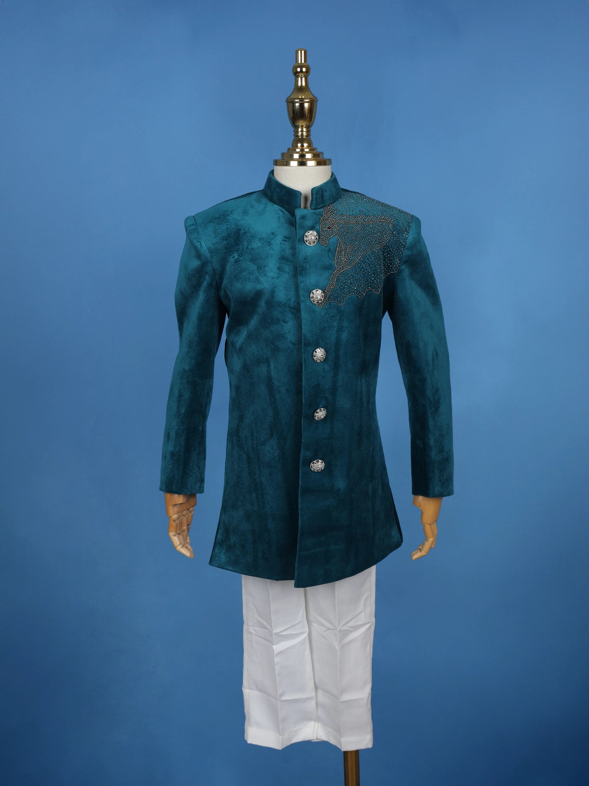 Peacock Blue Velvet Horse Designed Sherwani and Pant Set - Diadem