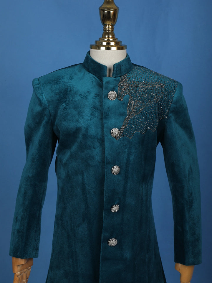 Peacock Blue Velvet Horse Designed Sherwani and Pant Set - Diadem