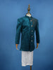 Peacock Blue Velvet Horse Designed Sherwani and Pant Set - Diadem