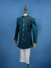 Peacock Blue Velvet Horse Designed Sherwani and Pant Set - Diadem