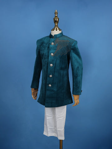 Peacock Blue Velvet Horse Designed Sherwani and Pant Set - Diadem