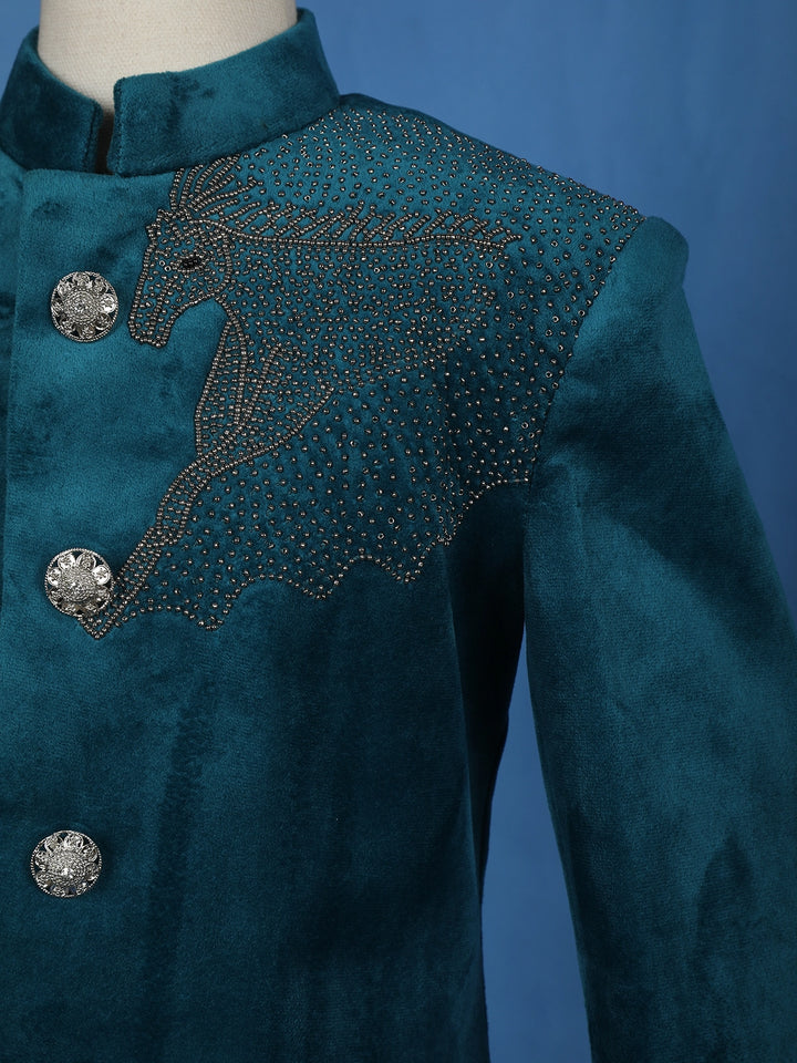 Peacock Blue Velvet Horse Designed Sherwani and Pant Set - Diadem