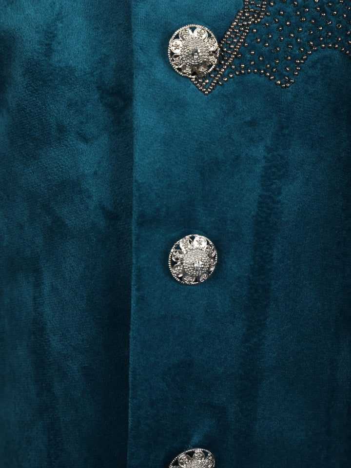 Peacock Blue Velvet Horse Designed Sherwani and Pant Set - Diadem