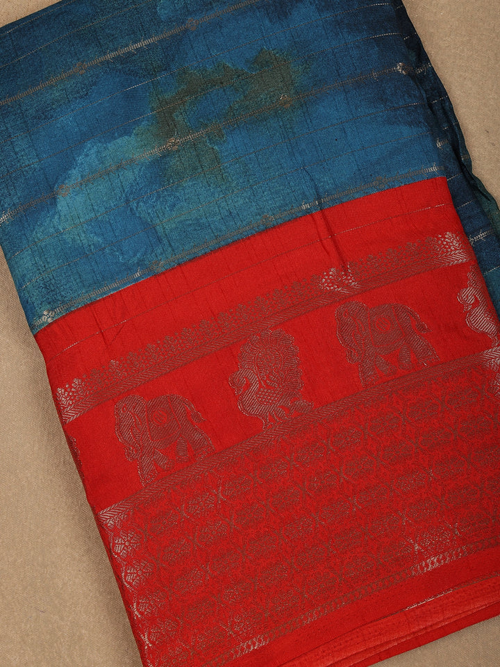 Peacock Blue with Red Contrast Zari Border Cotton Saree - Diadem