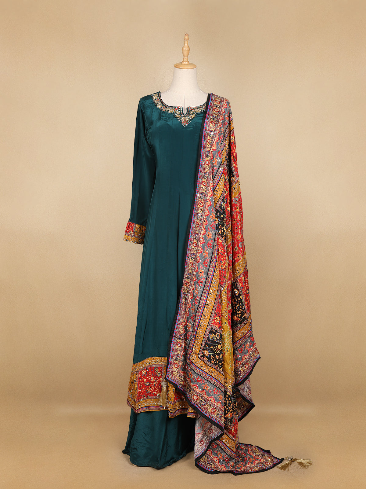 Peacock Green Floral Designed Semi Silk Anarkali Salwar Suit - Diadem