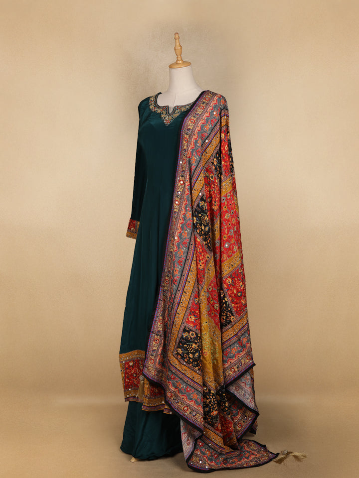 Peacock Green Floral Designed Semi Silk Anarkali Salwar Suit - Diadem