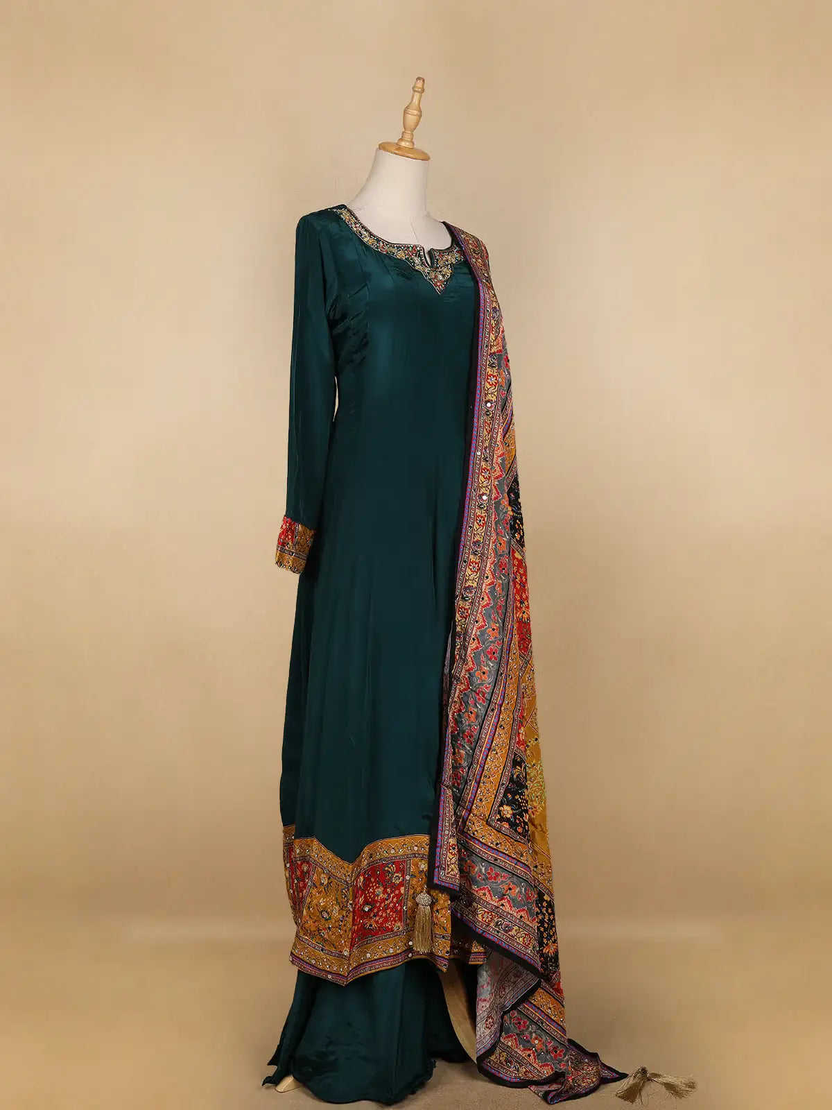 Peacock Green Floral Designed Semi Silk Anarkali Salwar Suit | Diadem