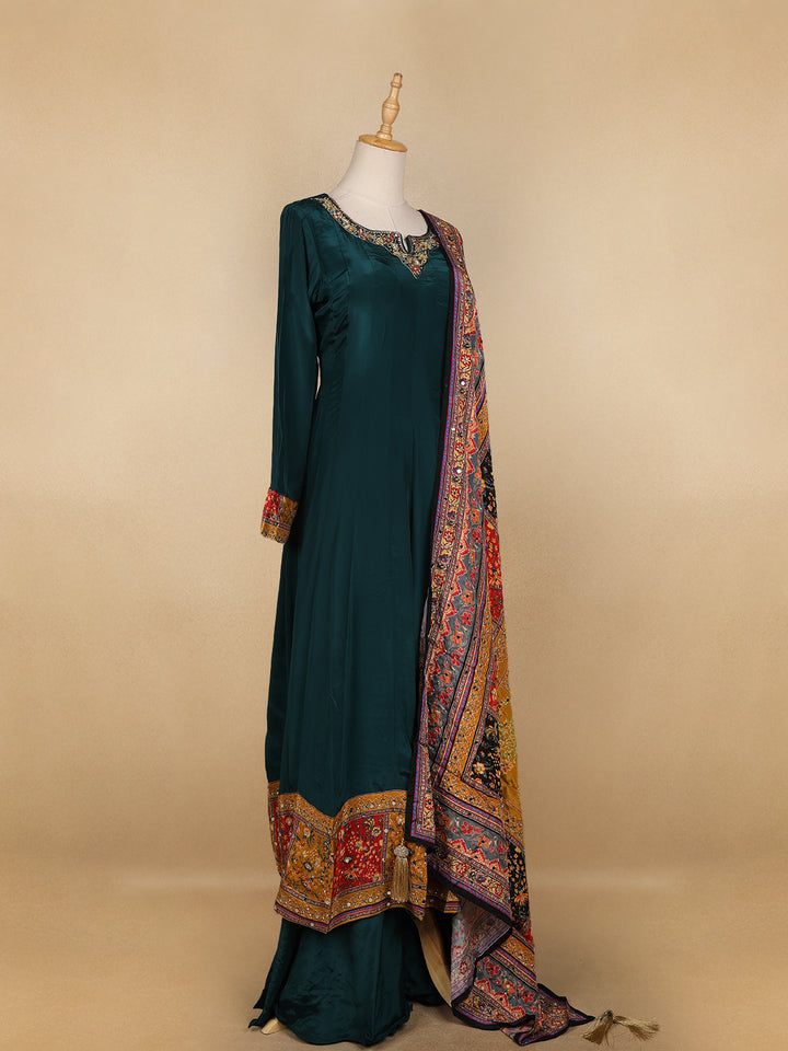 Peacock Green Floral Designed Semi Silk Anarkali Salwar Suit - Diadem