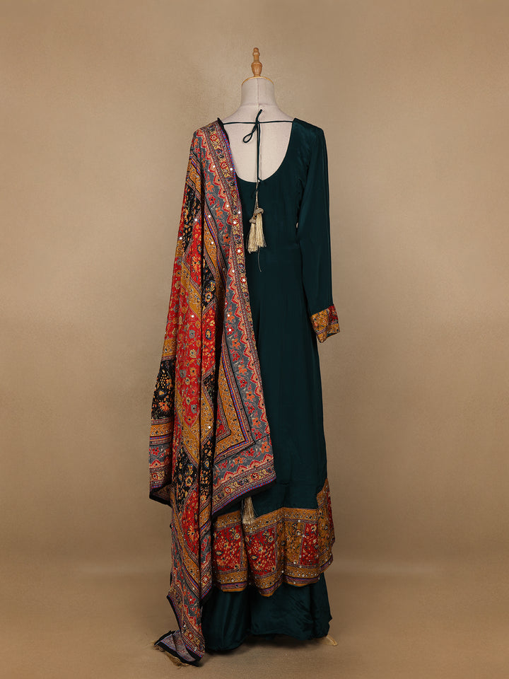 Peacock Green Floral Designed Semi Silk Anarkali Salwar Suit - Diadem