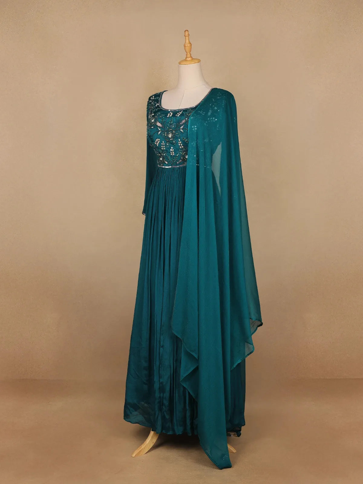 Peacock Green Floral Embroidery Semi Silk Gown | Diadem Peacock Green Floral Embroidery Semi Silk Gown | Diadem