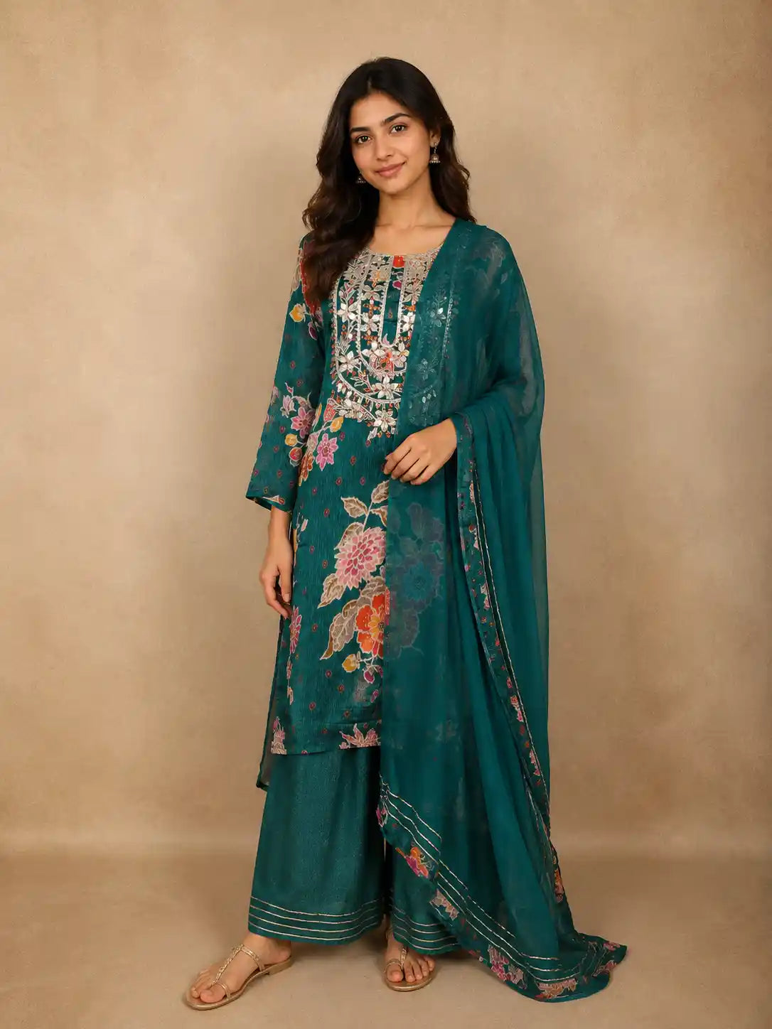 Peacock Green Floral Printed Cotton Crepe Salwar Suit with Dupatta