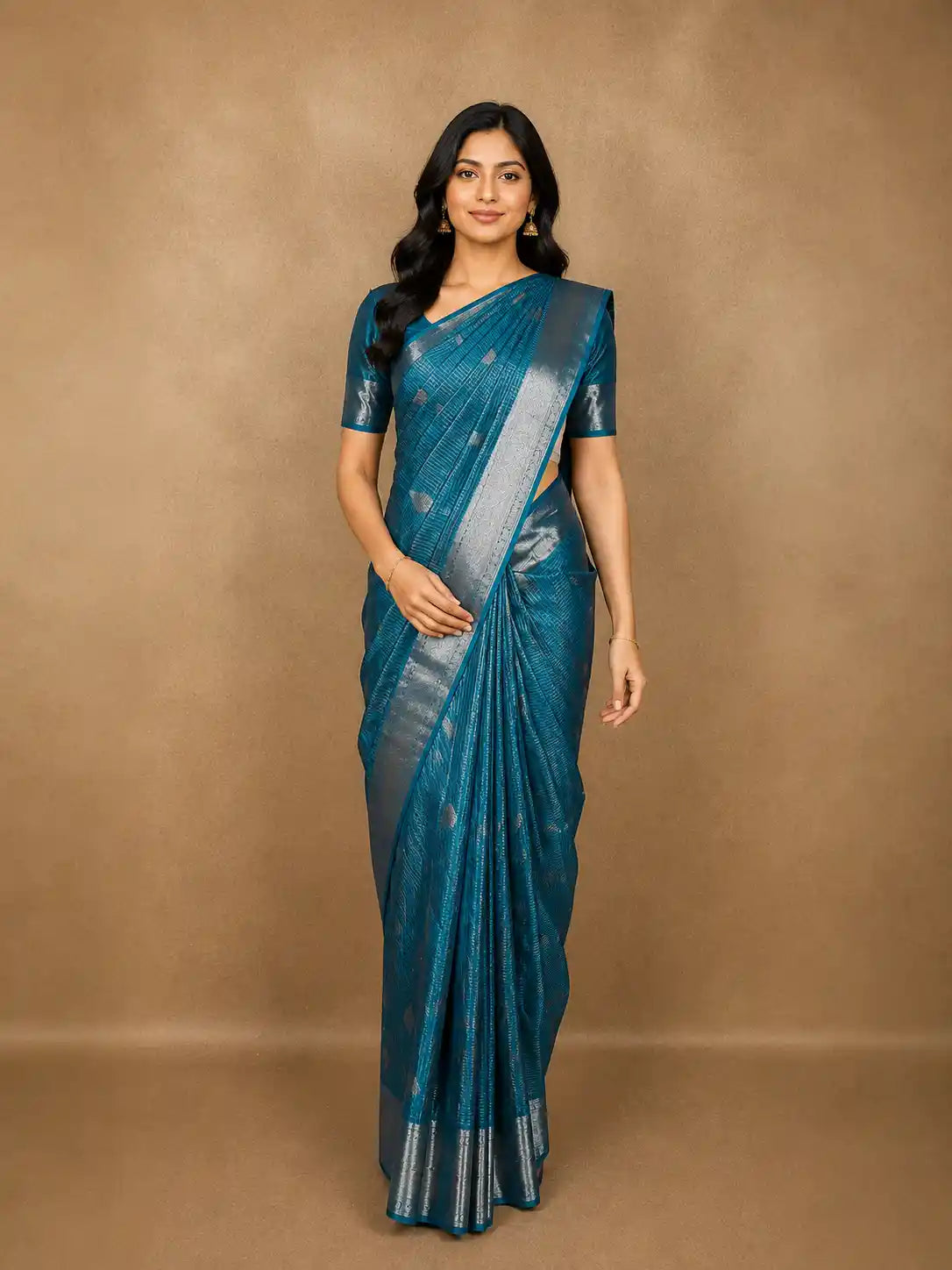 Peacock Teal Blue Checked Zari Woven Design Pure Kanchipuram Silk Saree with  Zari Border