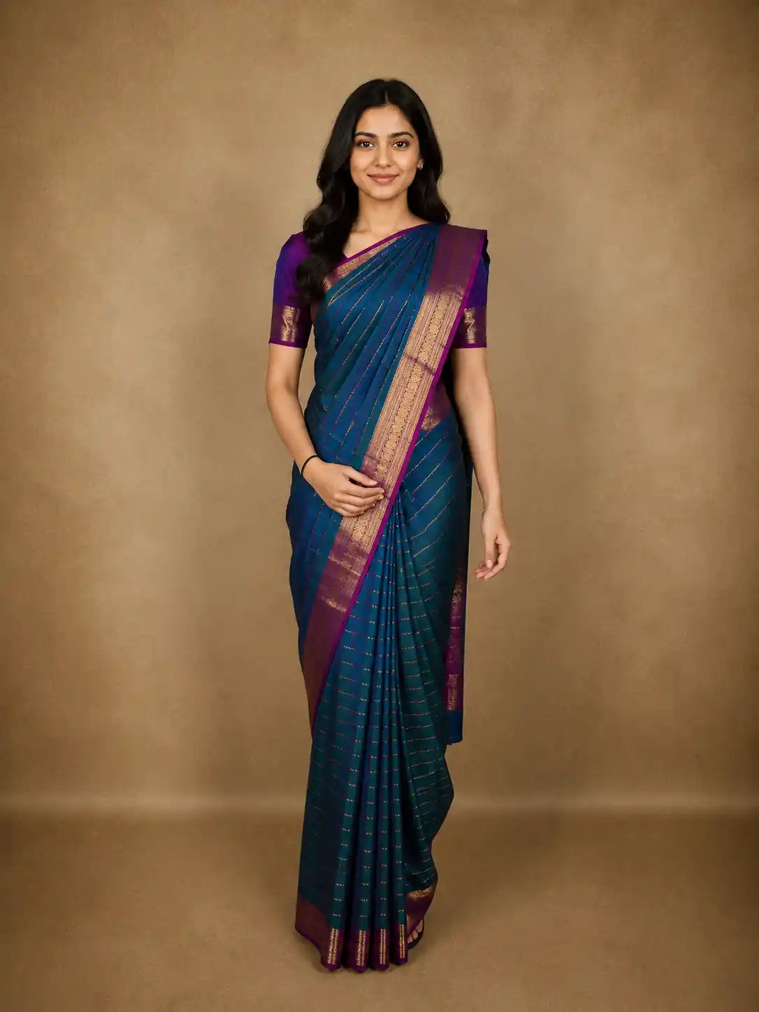 Peacock Teal Blue Striped Zari Woven Design Pure Kanchipuram Silk Saree with Contrast Zari Border