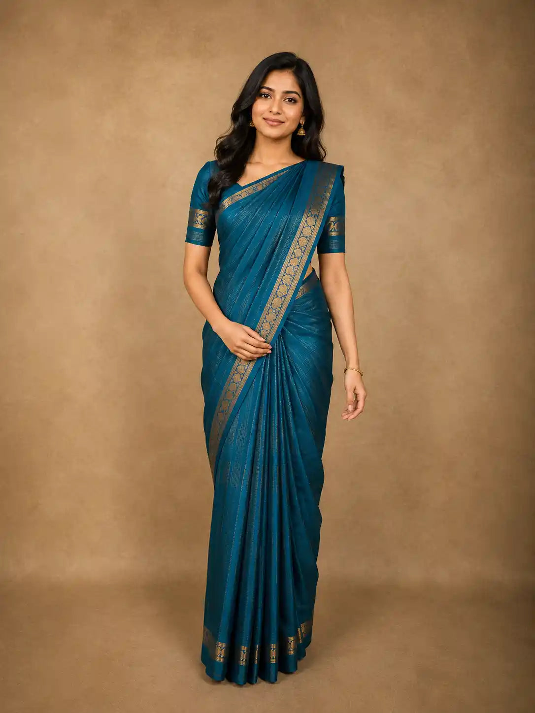 Peacock teal Blue Stripes Zari Woven Design Pure Kanchipuram Silk Saree with Zari Border
