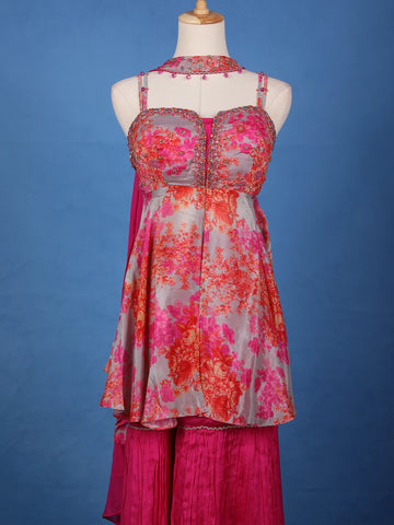 Grey And Pink Floral Printed Synthetic Sharara Set - Diadem