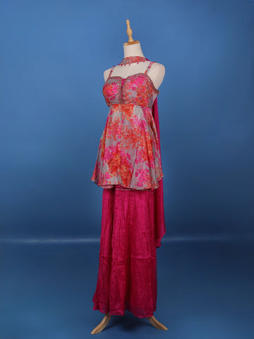 Grey And Pink Floral Printed Synthetic Sharara Set - Diadem