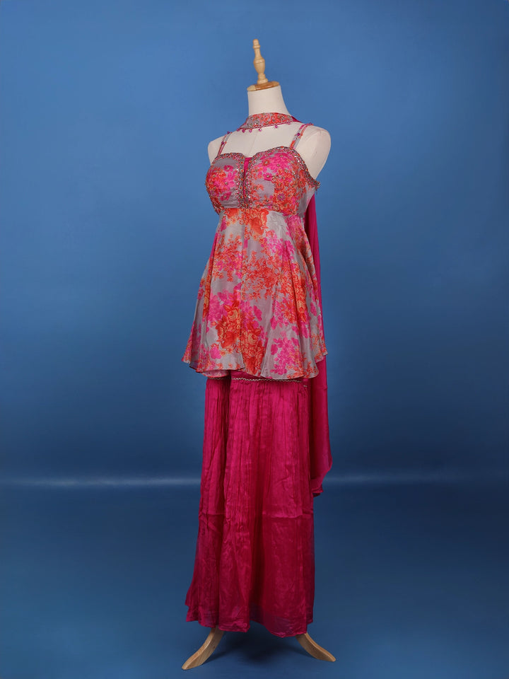 Grey And Pink Floral Printed Synthetic Sharara Set - Diadem