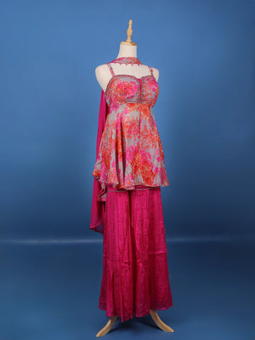 Grey And Pink Floral Printed Synthetic Sharara Set - Diadem