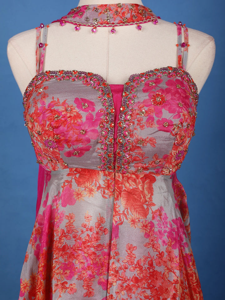 Grey And Pink Floral Printed Synthetic Sharara Set - Diadem