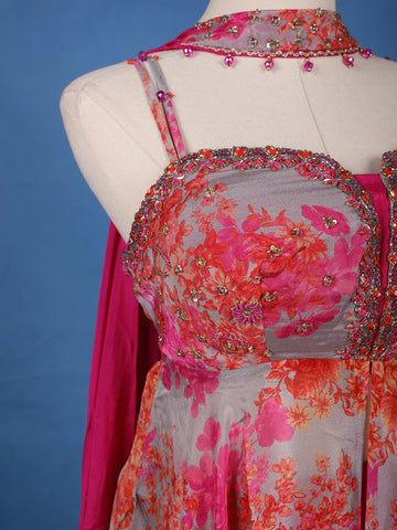 Grey And Pink Floral Printed Synthetic Sharara Set - Diadem