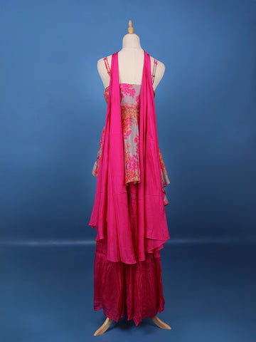 Grey And Pink Floral Printed Synthetic Sharara Set - Diadem