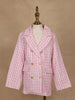 Pink And White Houndstooth Pattern Double-Breasted Blazer With Gold Buttons