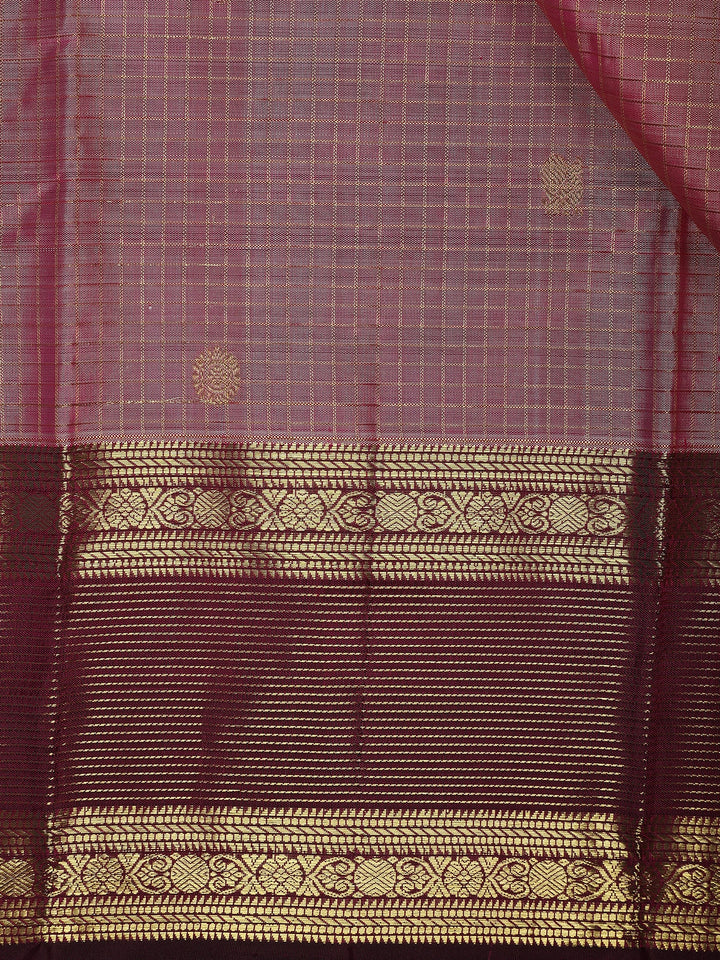 Pink Checked Woven Pure Kanchipuram Silk Saree - Diadem