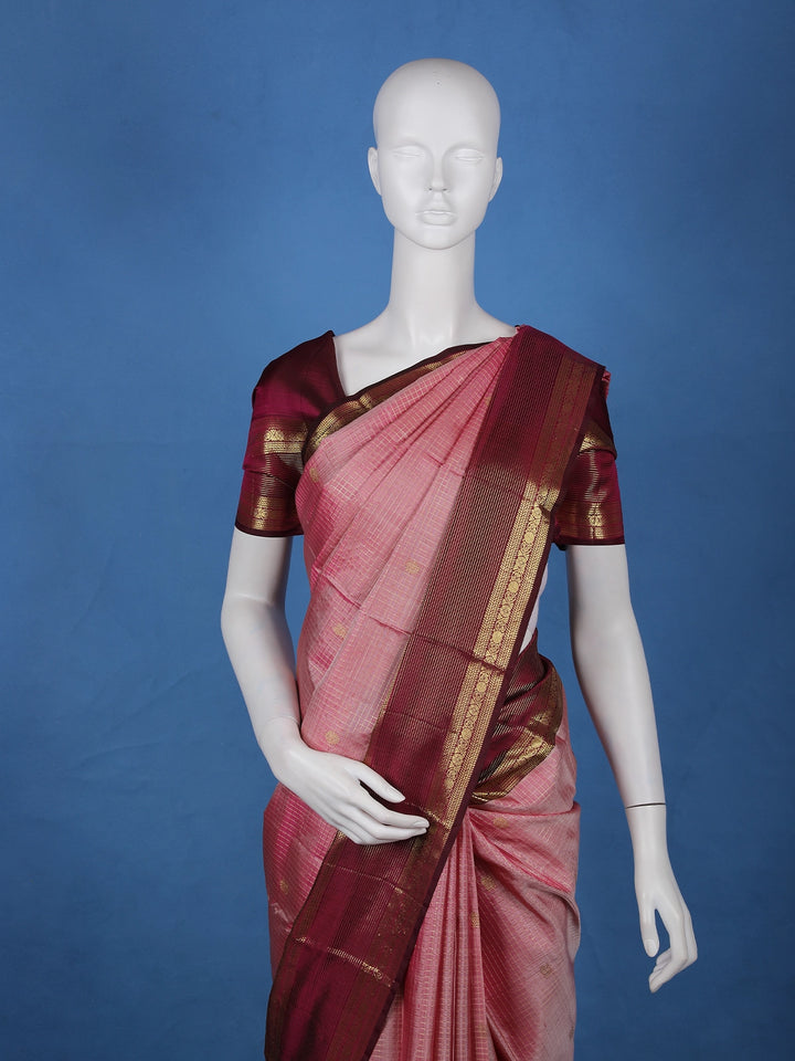 Pink Checked Woven Pure Kanchipuram Silk Saree - Diadem