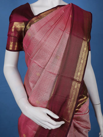 Pink Checked Woven Pure Kanchipuram Silk Saree - Diadem