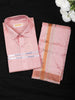 Pink Checked Woven Silk Shirt with Matching Dhoti Featuring Copper and Silver Zari Border