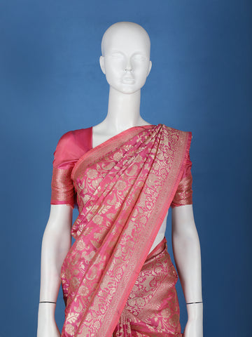 Pink Floral Design Banarasi Silk Saree - Diadem