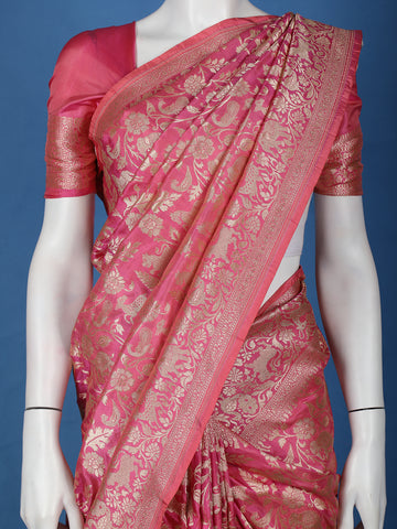 Pink Floral Design Banarasi Silk Saree - Diadem