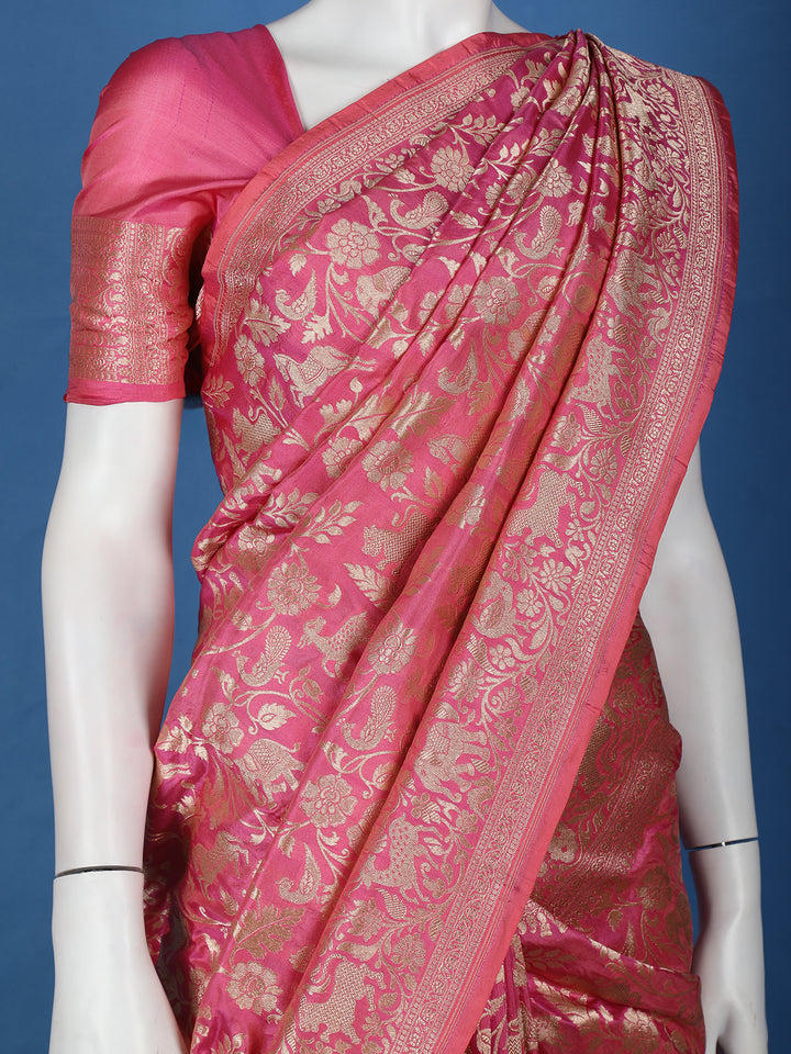 Pink Floral Design Banarasi Silk Saree - Diadem
