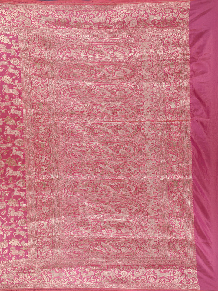 Pink Floral Design Banarasi Silk Saree - Diadem