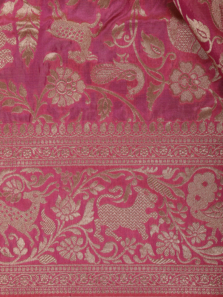 Pink Floral Design Banarasi Silk Saree - Diadem