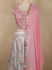 Pink Floral Embroidered Crop Top with Printed Lehenga and Dupatta