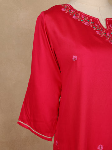 Pink Floral Embroidered Silk Salwar Suit With Printed Dupatta - Diadem