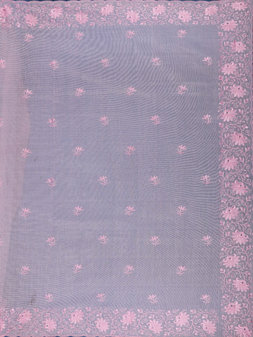 Pink Floral Embroidered Tissue Saree with Scalloped Border - Diadem
