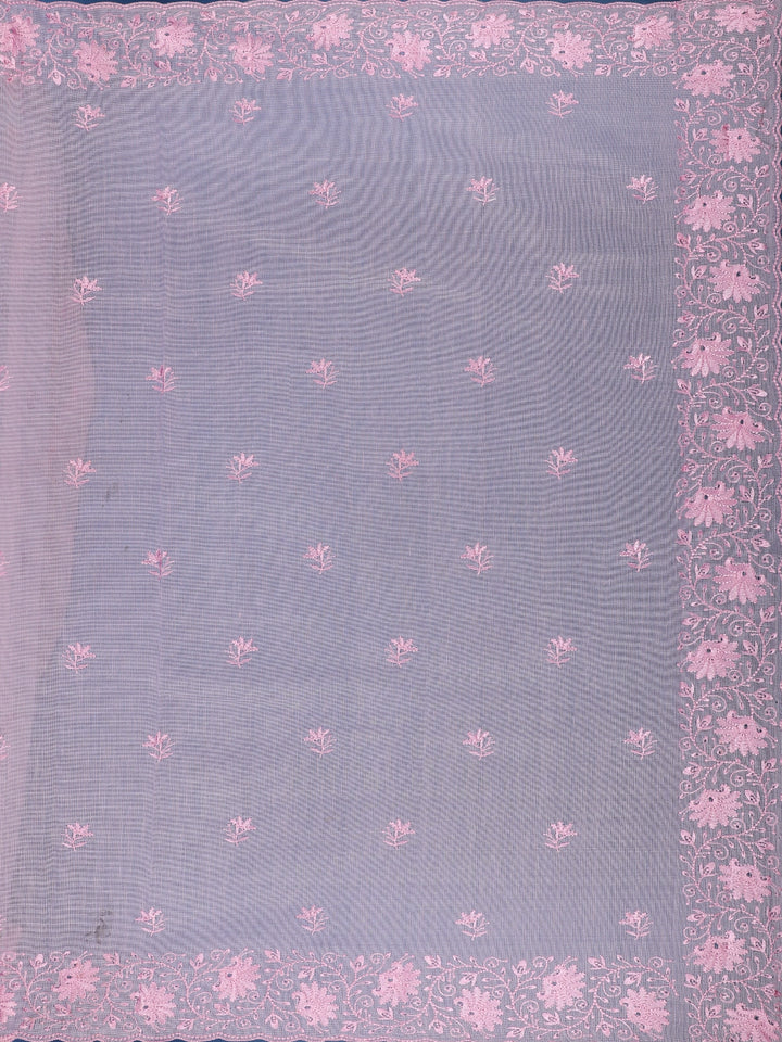 Pink Floral Embroidered Tissue Saree with Scalloped Border - Diadem