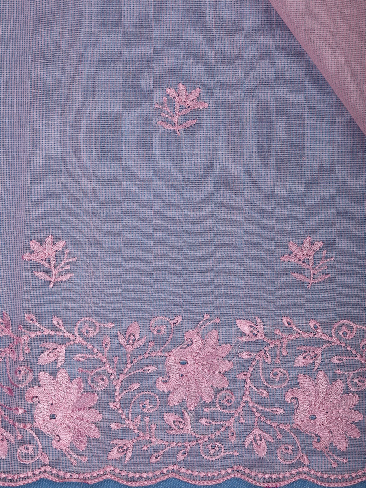 Pink Floral Embroidered Tissue Saree with Scalloped Border - Diadem