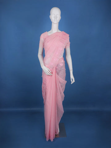 Pink Floral Embroidered Tissue Saree with Scalloped Border - Diadem