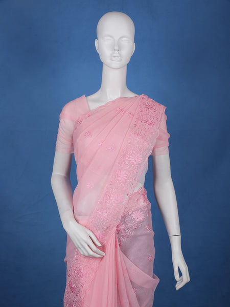 Pink Floral Embroidered Tissue Saree with Scalloped Border - Diadem