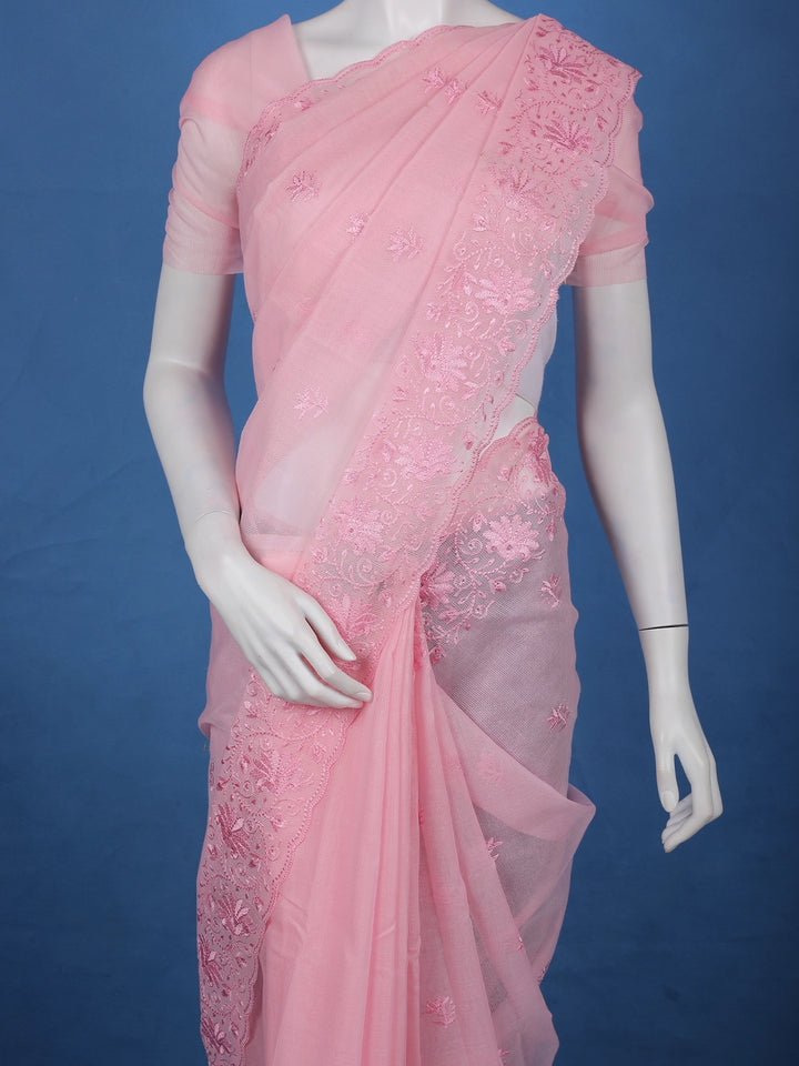 Pink Floral Embroidered Tissue Saree with Scalloped Border - Diadem