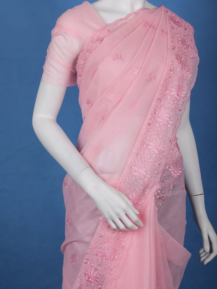 Pink Floral Embroidered Tissue Saree with Scalloped Border - Diadem