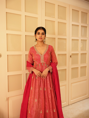 Pink Floral Motif Bead Work Georgette Gown - Diadem