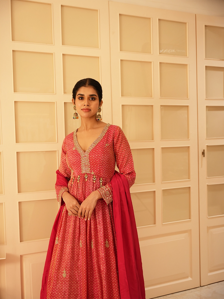 Pink Floral Motif Bead Work Georgette Gown - Diadem